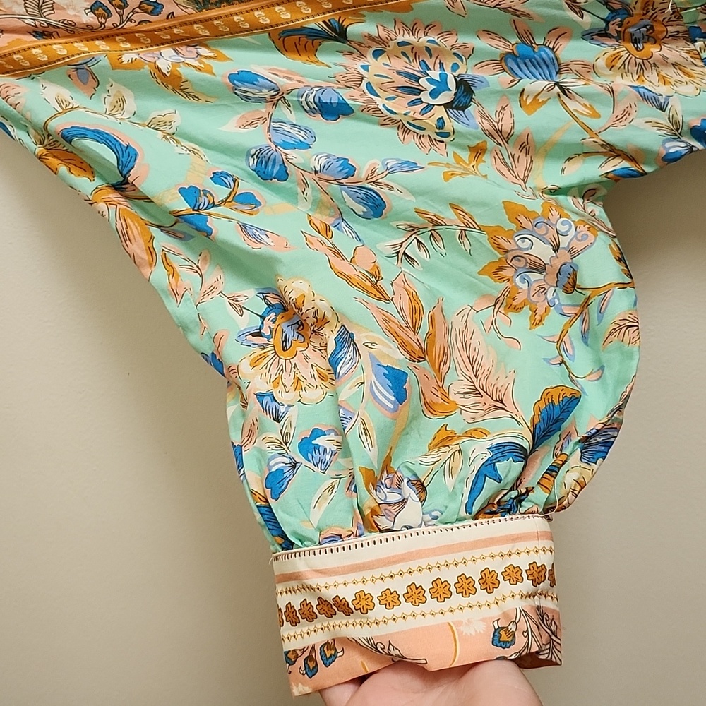 Floral Multicolor Maxi Dress Modesty Tie Balloon Sleeve 3/4  Front Slit Boho - Picture 6 of 9